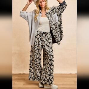 2PC BiBi Cream Gray Black Button Up Top And Pants Set Oversized NEW With Tags